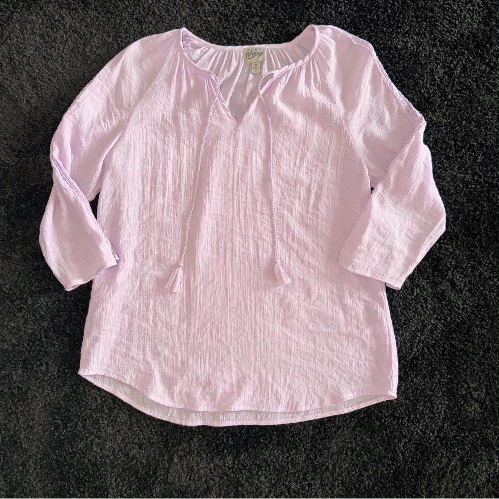 Como Vintage Lavender Gauze Boho Tassel Tie Blouse Beachy Small